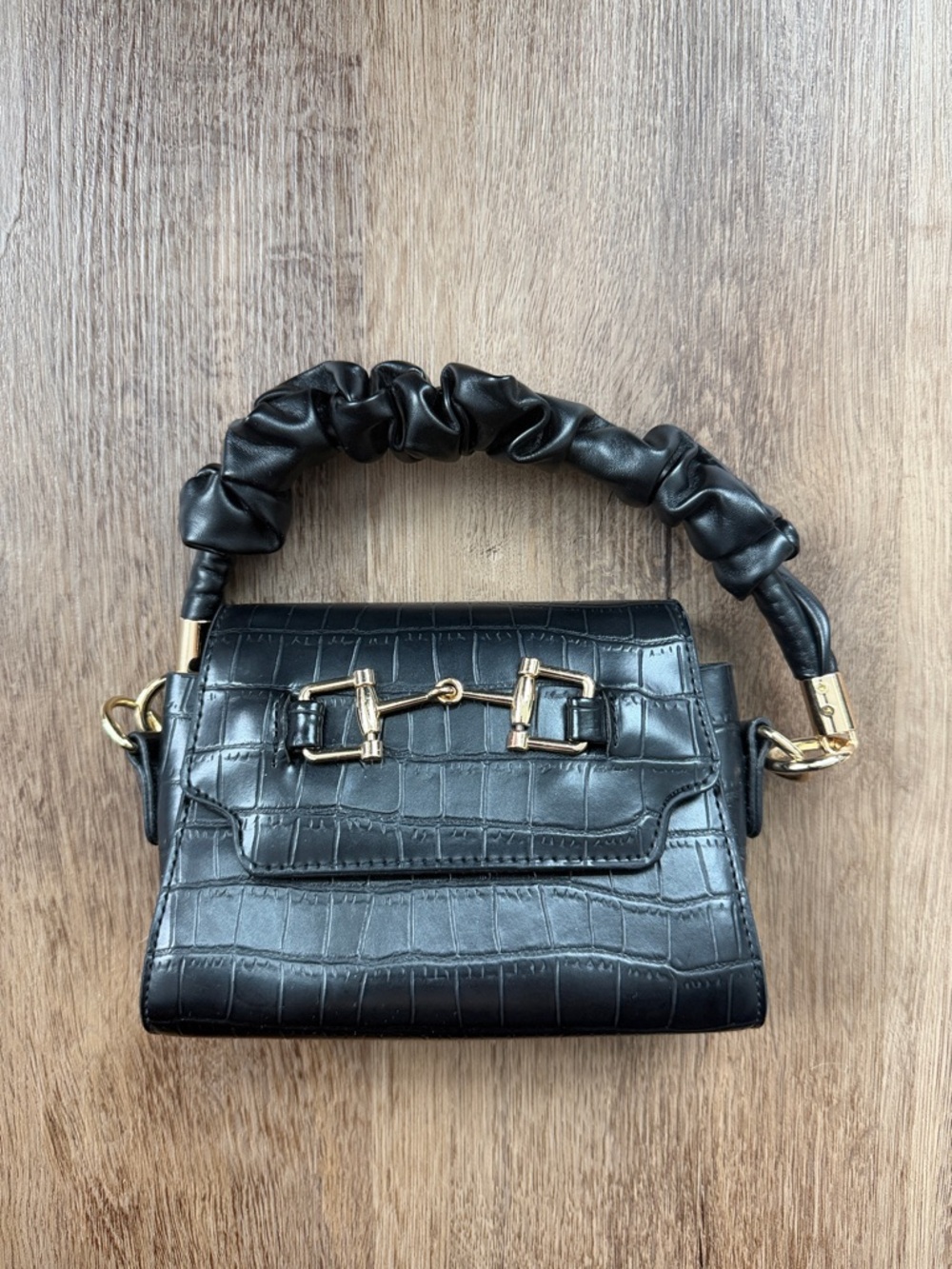 Black Croc-Embossed Top Handle Bag with Gold Hardware